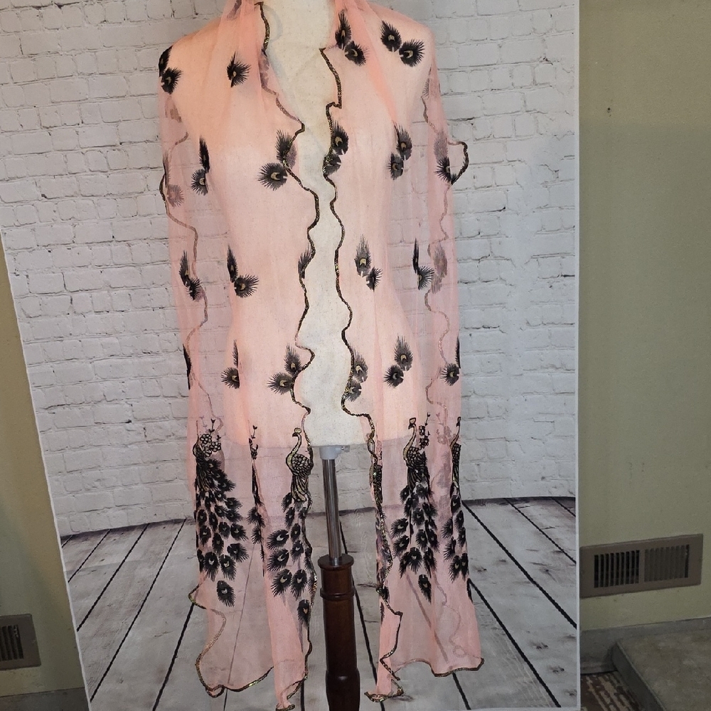 Vintage-Style Pink Sheer Peacock Scarf – Gold Embroidered Accents & Scalloped Tr